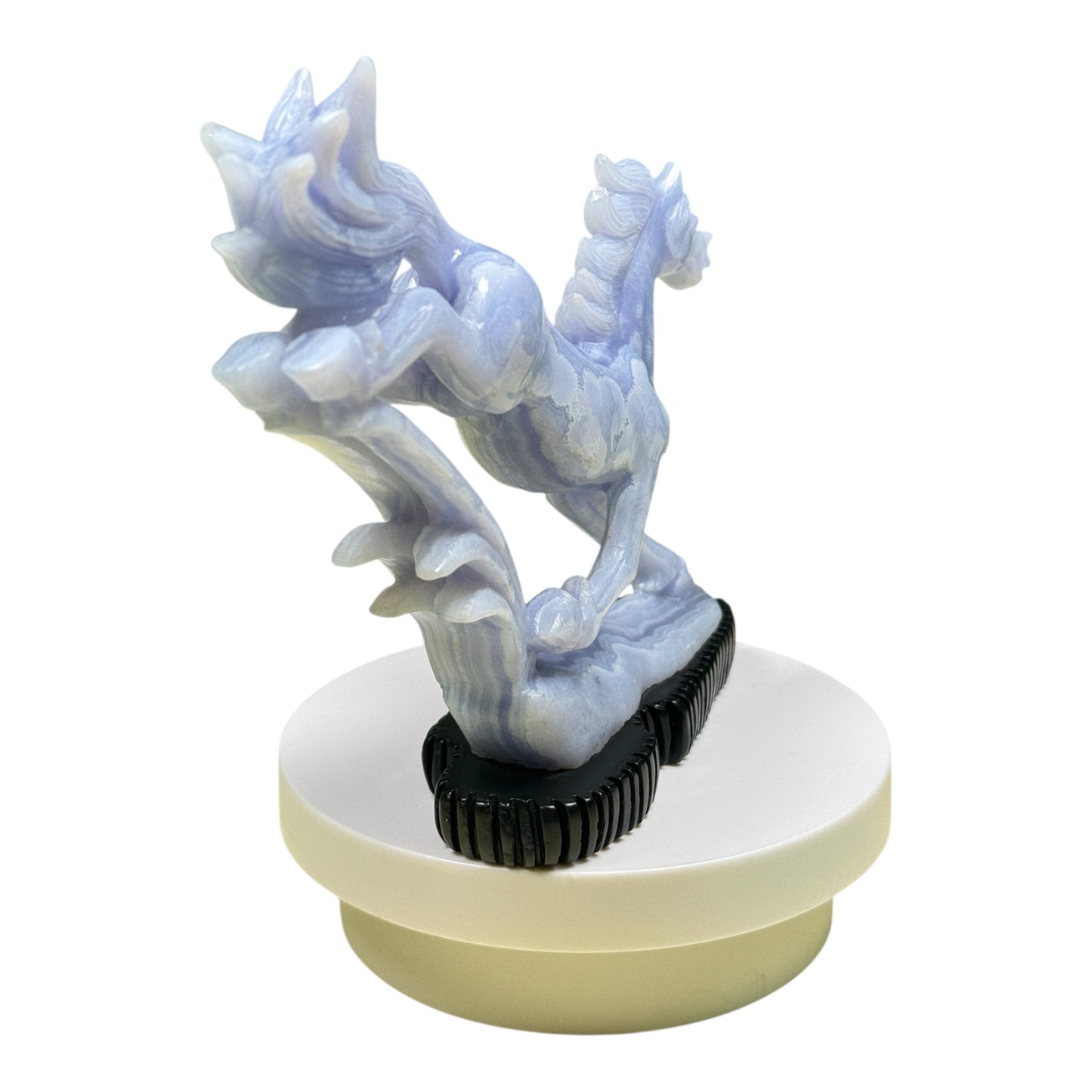 Gemstone Unique Running Horse Carving with Black Stone Base - Blue Lace Agate