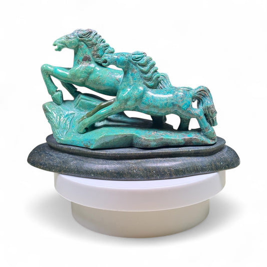 Gemstone Unique Horse Carving with Black Stone Base - Chinese Turquoise