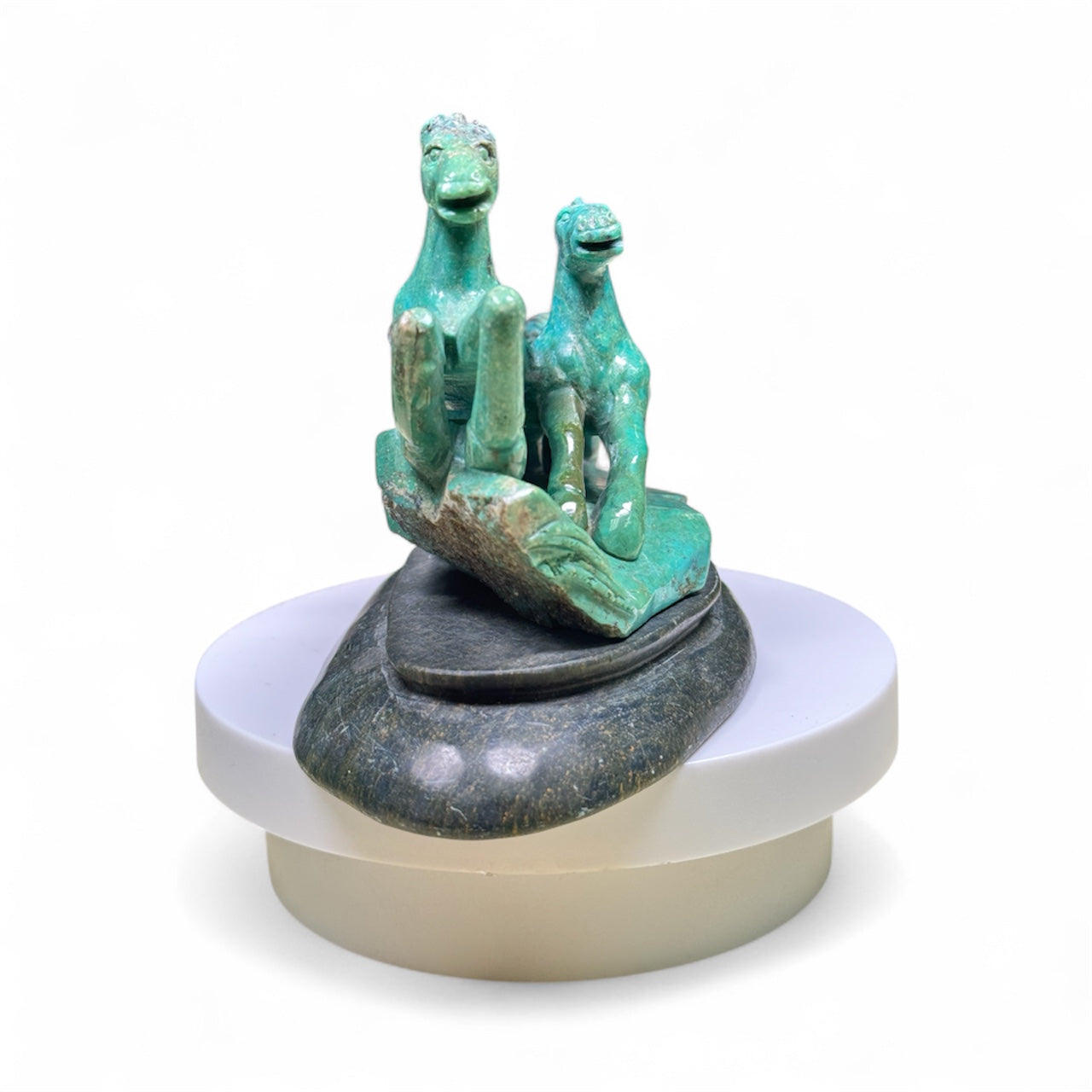 Gemstone Unique Horse Carving with Black Stone Base - Chinese Turquoise