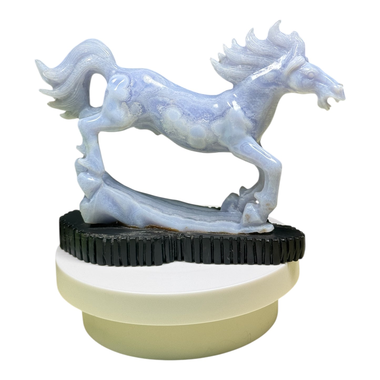 Gemstone Unique Running Horse Carving with Black Stone Base - Blue Lace Agate