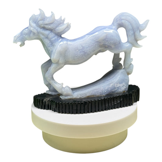 Gemstone Unique Running Horse Carving with Black Stone Base - Blue Lace Agate