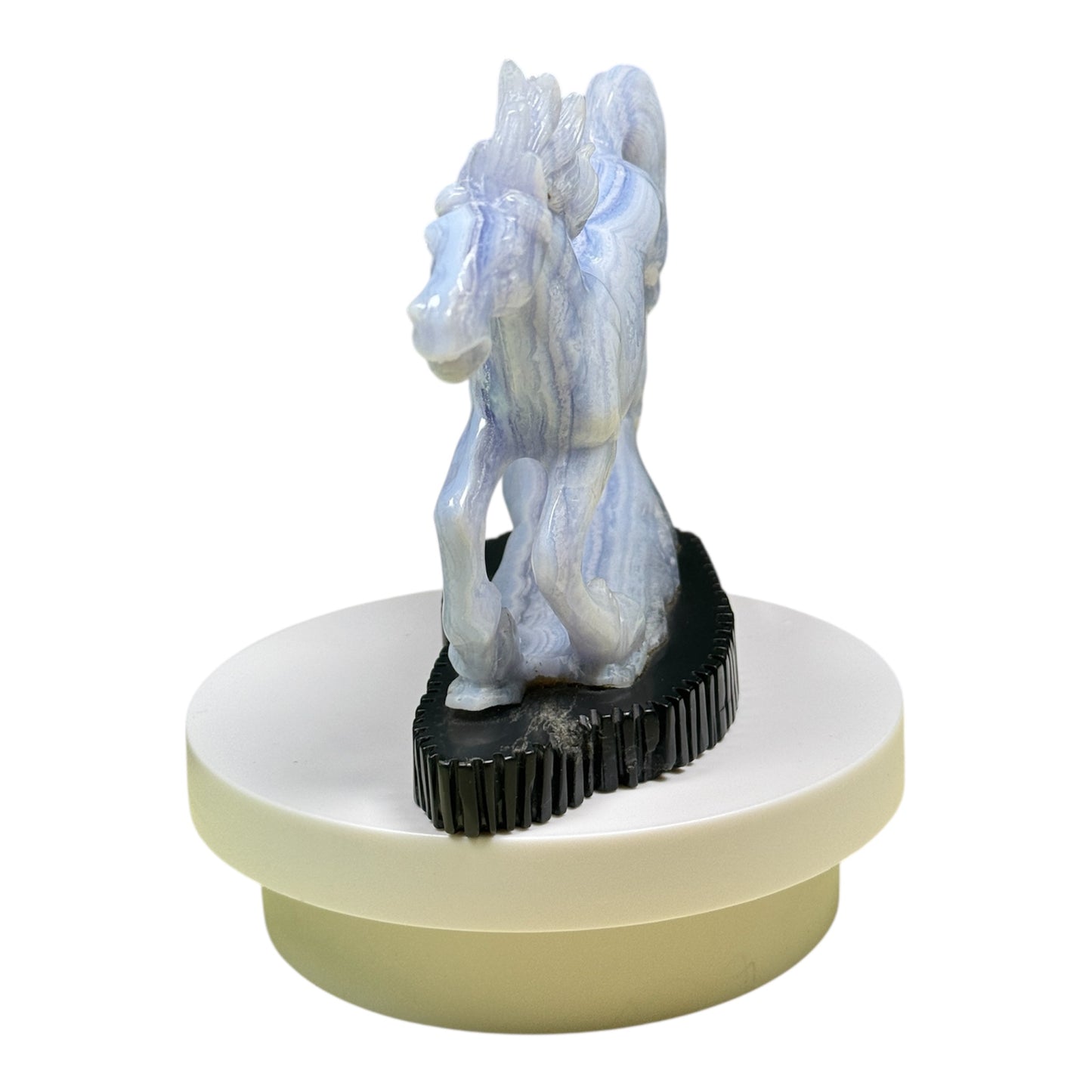 Gemstone Unique Running Horse Carving with Black Stone Base - Blue Lace Agate