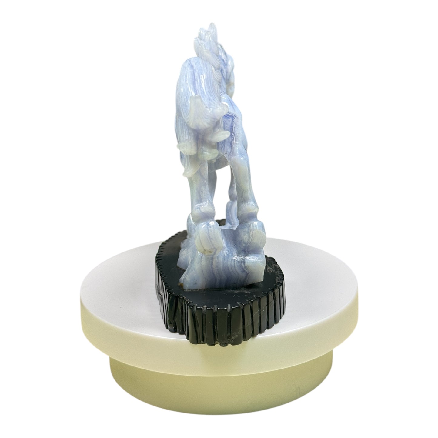 Gemstone Unique Running Horse Carving with Black Stone Base - Blue Lace Agate