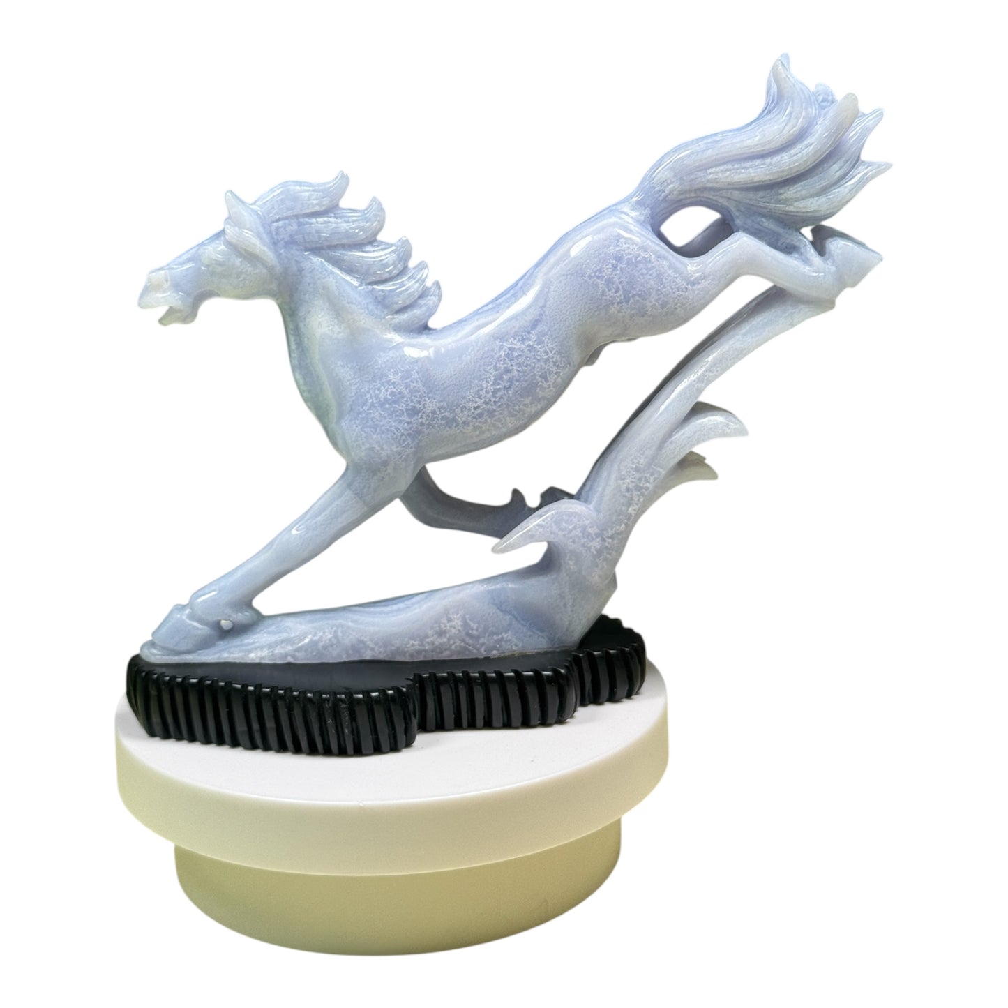 Gemstone Unique Running Horse Carving with Black Stone Base - Blue Lace Agate