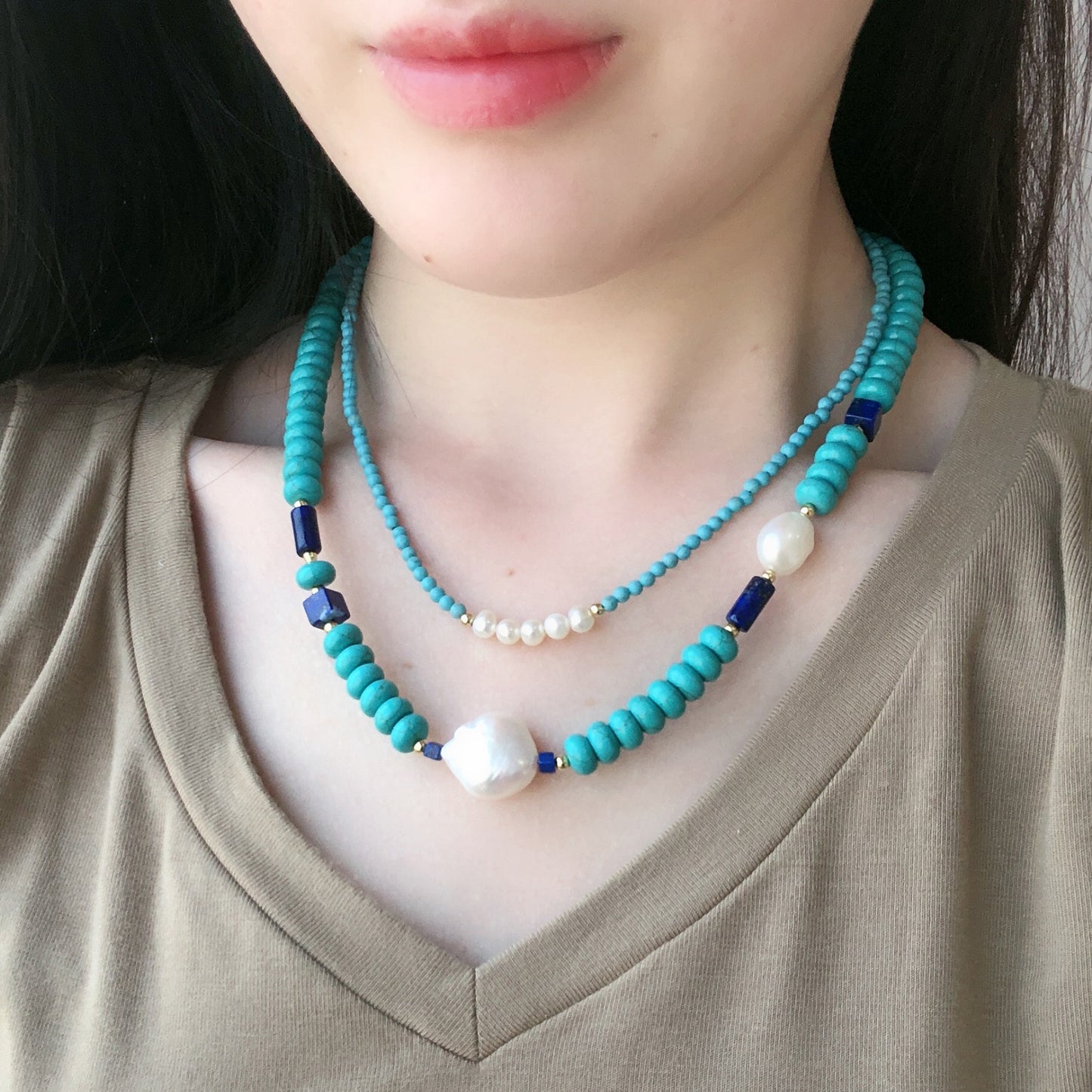 Turquoise Beaded Baroque Pearl Dainty Chokcer Necklace - Set