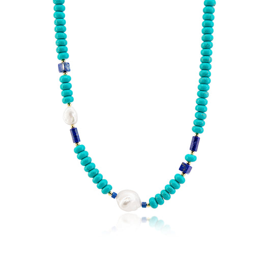 Turquoise Beaded Baroque Pearl Dainty Chokcer Necklace - Set