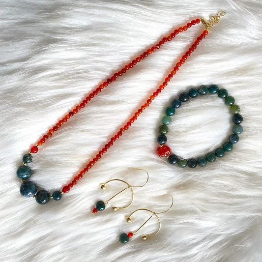 Moss Agate Carnelian Necklace | Bracelet | Earrings | Set